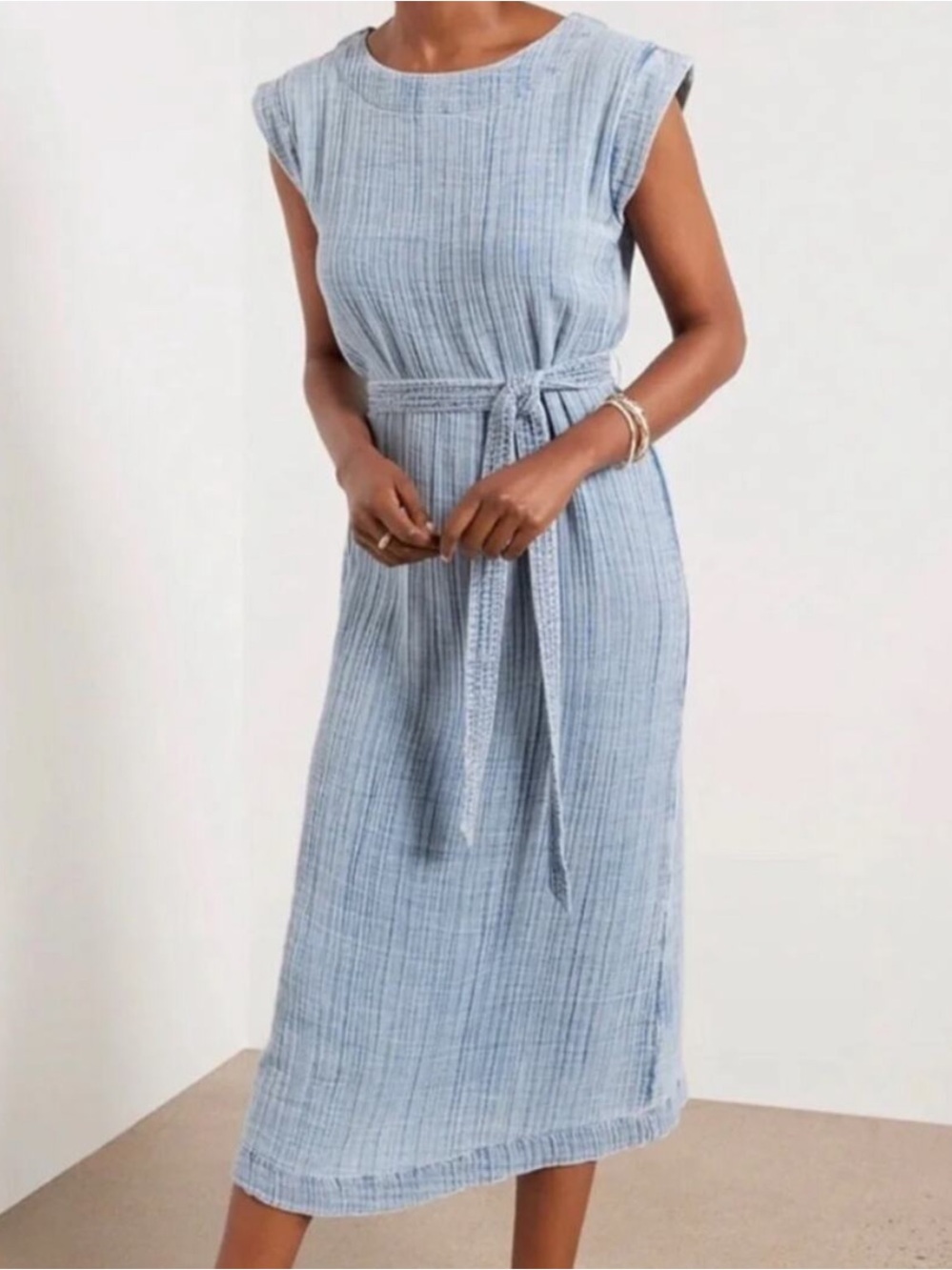 Faherty Soft Blue Sleeveless Midi Dress with Tie